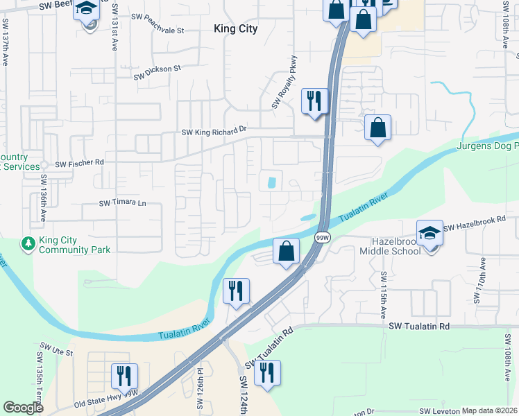 map of restaurants, bars, coffee shops, grocery stores, and more near 12252 Southwest Pond Lane in King City