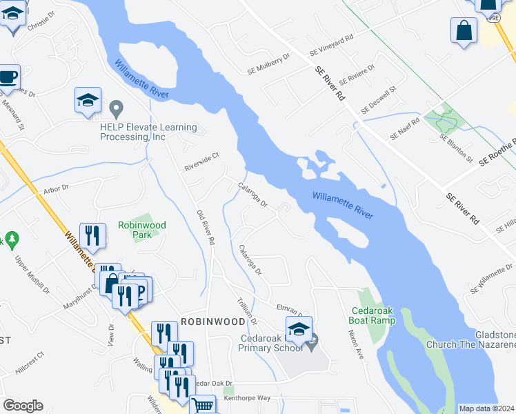 map of restaurants, bars, coffee shops, grocery stores, and more near 3972 Calaroga Drive in West Linn