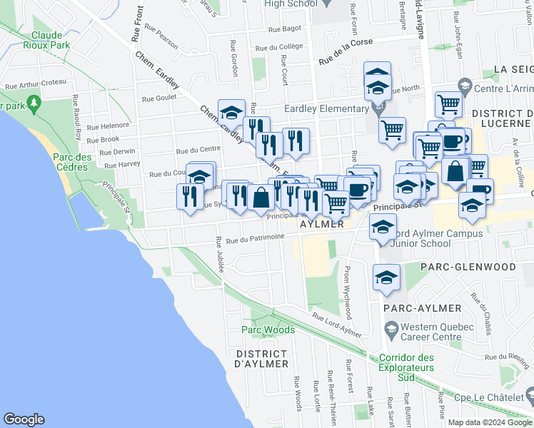 map of restaurants, bars, coffee shops, grocery stores, and more near 71 Rue Principale in Gatineau