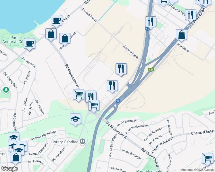 map of restaurants, bars, coffee shops, grocery stores, and more near 107 Rue d'Ambre in Candiac