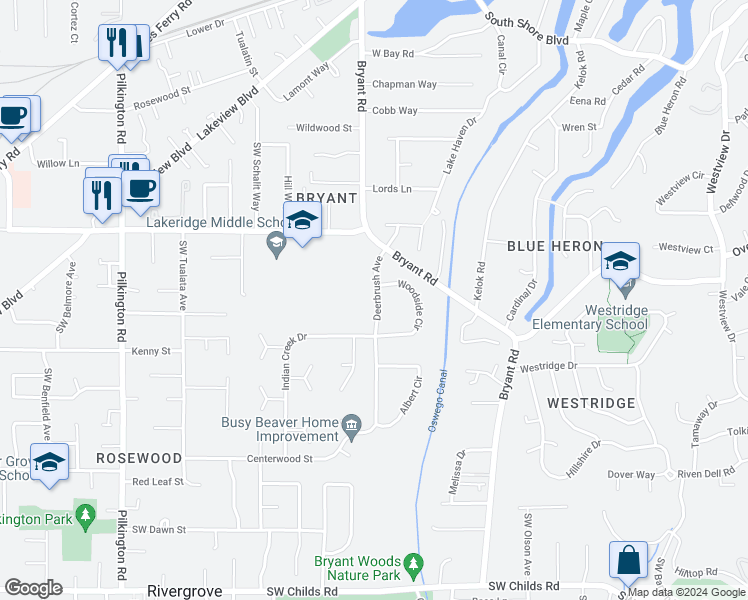 map of restaurants, bars, coffee shops, grocery stores, and more near 18163 Deerbrush Avenue in Lake Oswego