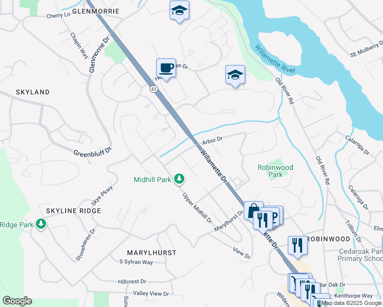 map of restaurants, bars, coffee shops, grocery stores, and more near 2540 Woodhill Court in West Linn