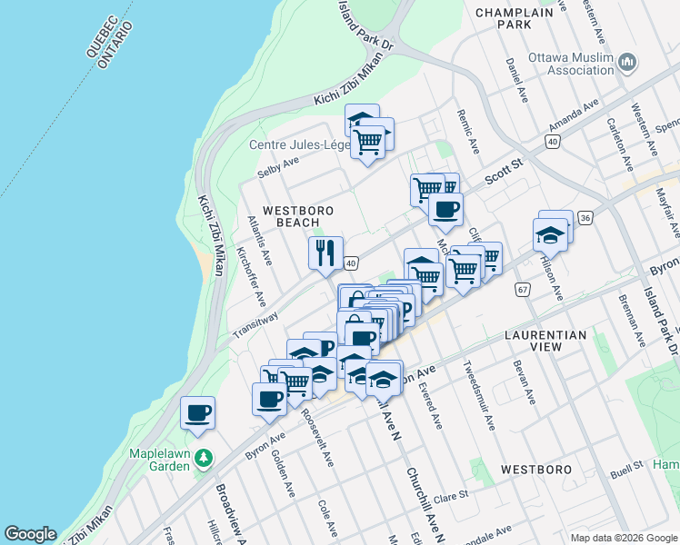 map of restaurants, bars, coffee shops, grocery stores, and more near 2070 Scott Street in Ottawa
