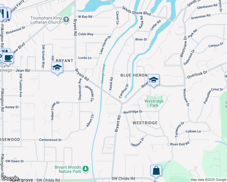 map of restaurants, bars, coffee shops, grocery stores, and more near 18111 Southwest Pioneer Court in Lake Oswego