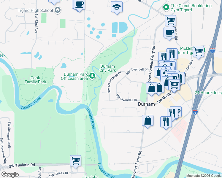 map of restaurants, bars, coffee shops, grocery stores, and more near 17349 Southwest Rivendell Drive in Portland
