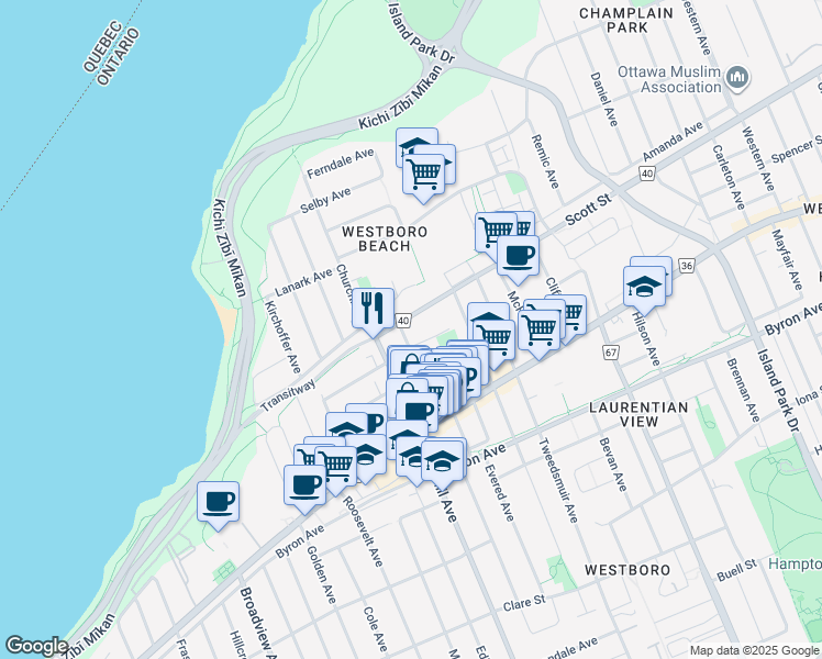 map of restaurants, bars, coffee shops, grocery stores, and more near in Ottawa
