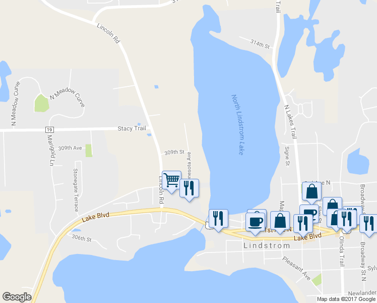 map of restaurants, bars, coffee shops, grocery stores, and more near Minnesota Avenue in Lindstrom