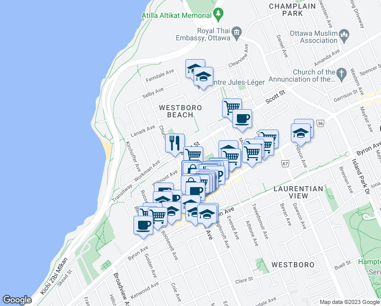 map of restaurants, bars, coffee shops, grocery stores, and more near 323 Winona Avenue in Ottawa