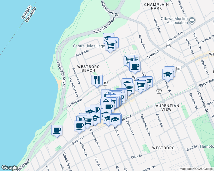 map of restaurants, bars, coffee shops, grocery stores, and more near 323 Winona Avenue in Ottawa