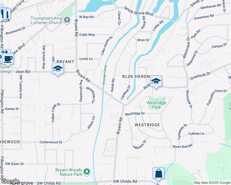 map of restaurants, bars, coffee shops, grocery stores, and more near 18111 Southwest Pioneer Court in Lake Oswego