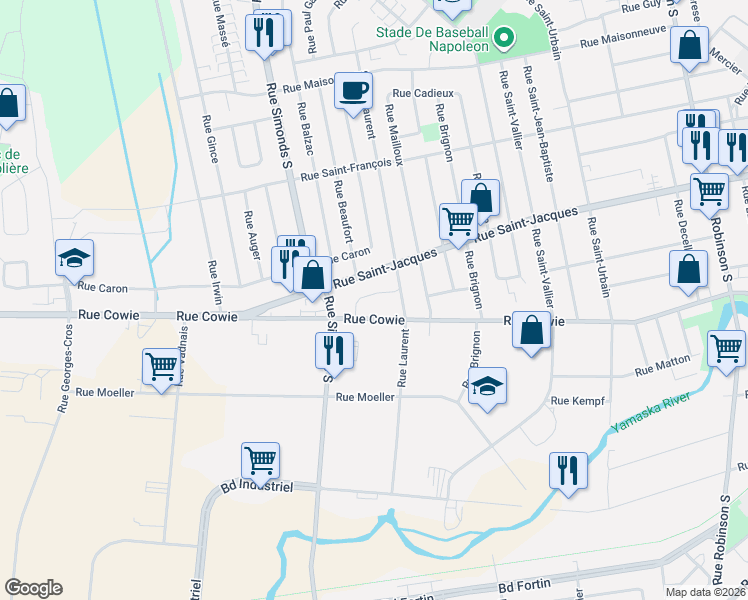 map of restaurants, bars, coffee shops, grocery stores, and more near 802 Rue Saint Étienne in Granby