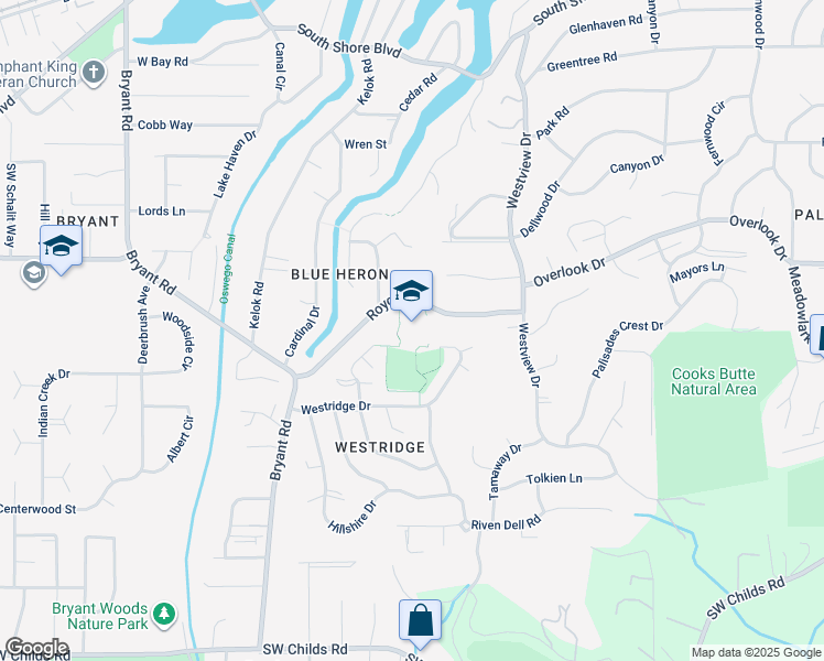 map of restaurants, bars, coffee shops, grocery stores, and more near 3400 Royce Way in Lake Oswego