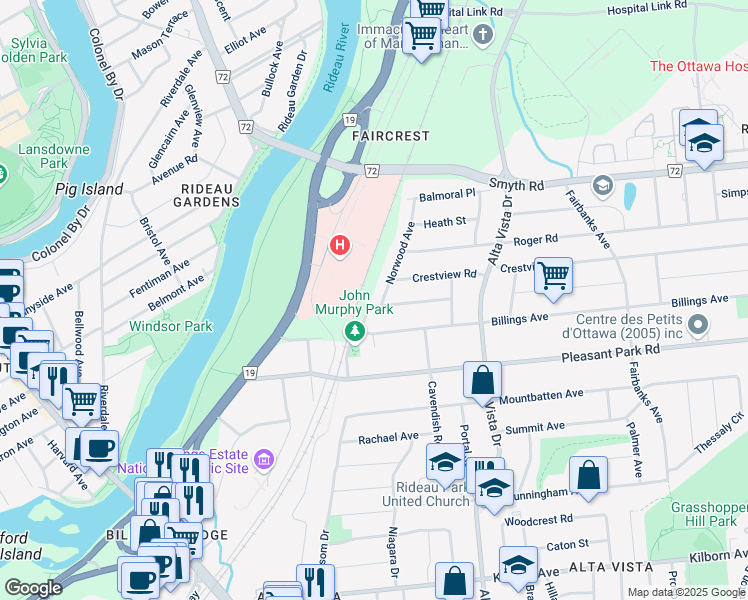 map of restaurants, bars, coffee shops, grocery stores, and more near 141 Rodney Crescent in Ottawa
