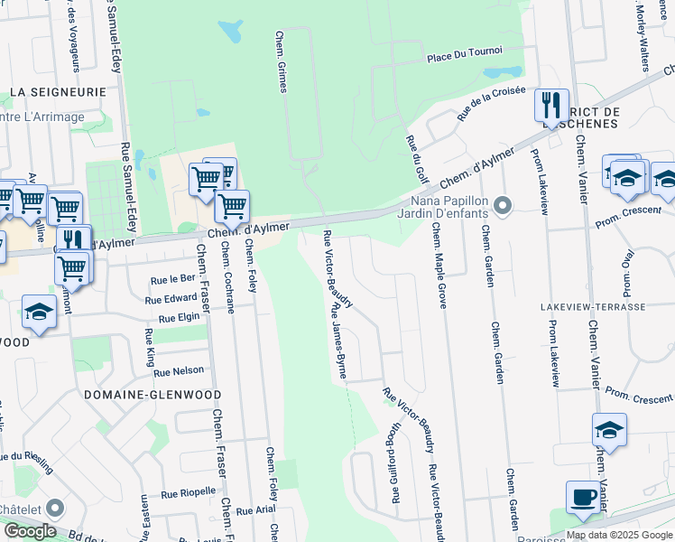 map of restaurants, bars, coffee shops, grocery stores, and more near 208 Rue Victor Beaudry in Gatineau