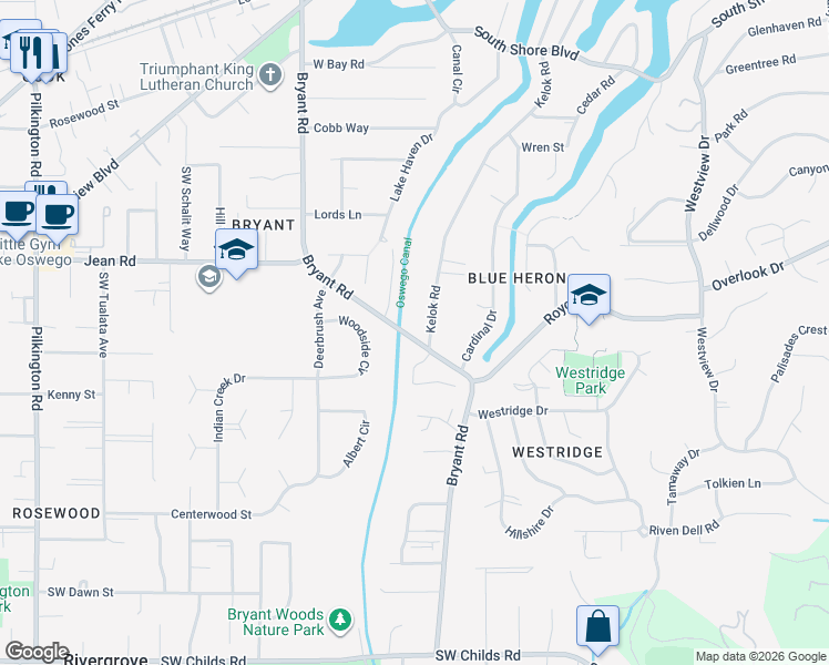 map of restaurants, bars, coffee shops, grocery stores, and more near 4260 Woodside Circle in Lake Oswego