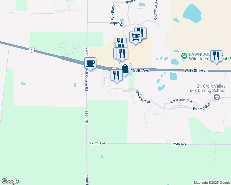 map of restaurants, bars, coffee shops, grocery stores, and more near 1275 Bur Oak Lane in Saint Croix Falls