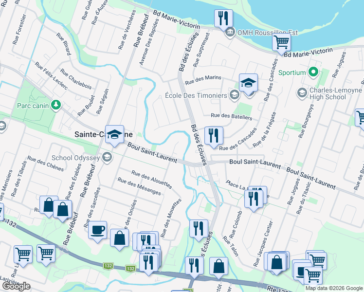 map of restaurants, bars, coffee shops, grocery stores, and more near 965 Rue des Faucons in Sainte-Catherine