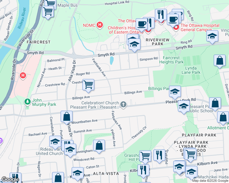 map of restaurants, bars, coffee shops, grocery stores, and more near 386 Billings Avenue in Ottawa