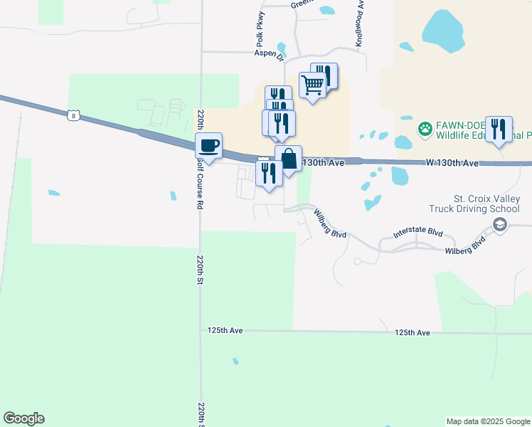 map of restaurants, bars, coffee shops, grocery stores, and more near 1275 Bur Oak Lane in Saint Croix Falls
