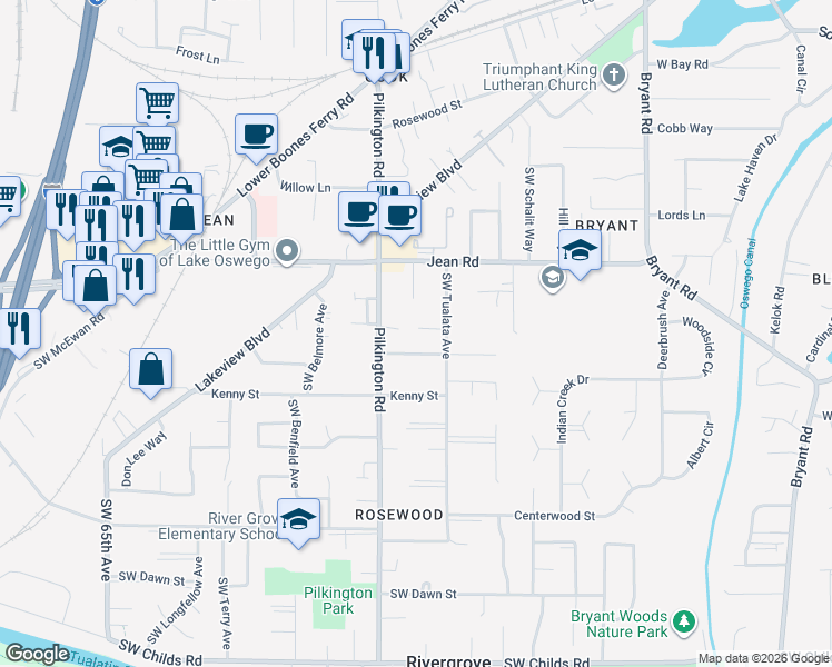 map of restaurants, bars, coffee shops, grocery stores, and more near 5368 Southwest Tree Street in Lake Oswego