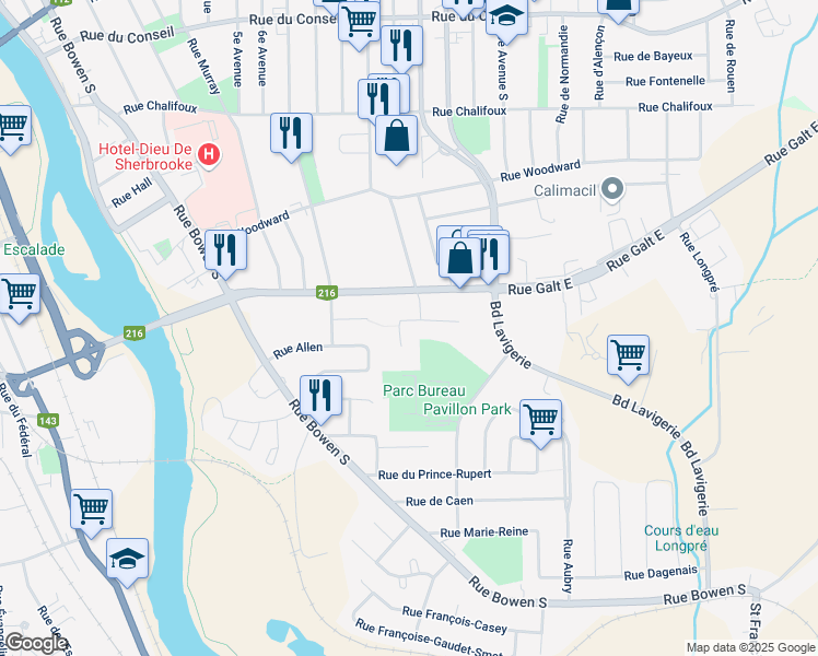 map of restaurants, bars, coffee shops, grocery stores, and more near 785 Place Des Ormeaux in Sherbrooke