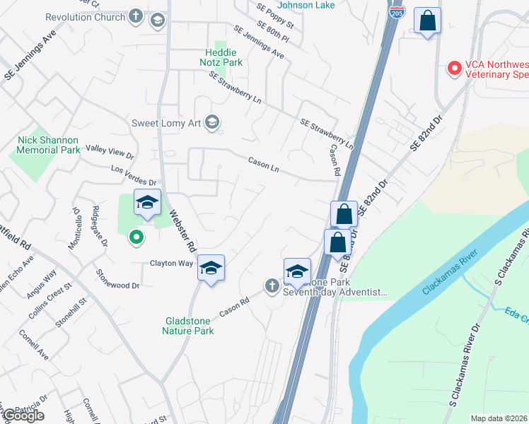 map of restaurants, bars, coffee shops, grocery stores, and more near 7615 Ridgewood Drive in Gladstone