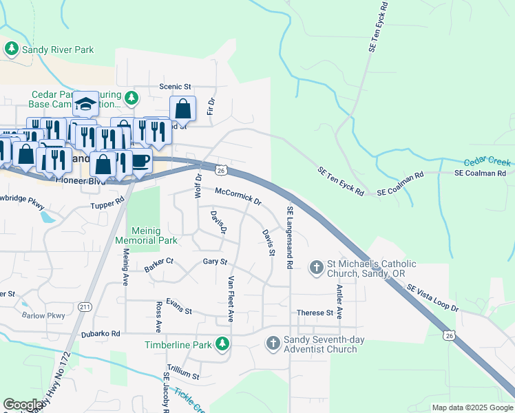 map of restaurants, bars, coffee shops, grocery stores, and more near 40025 Davis Street in Sandy