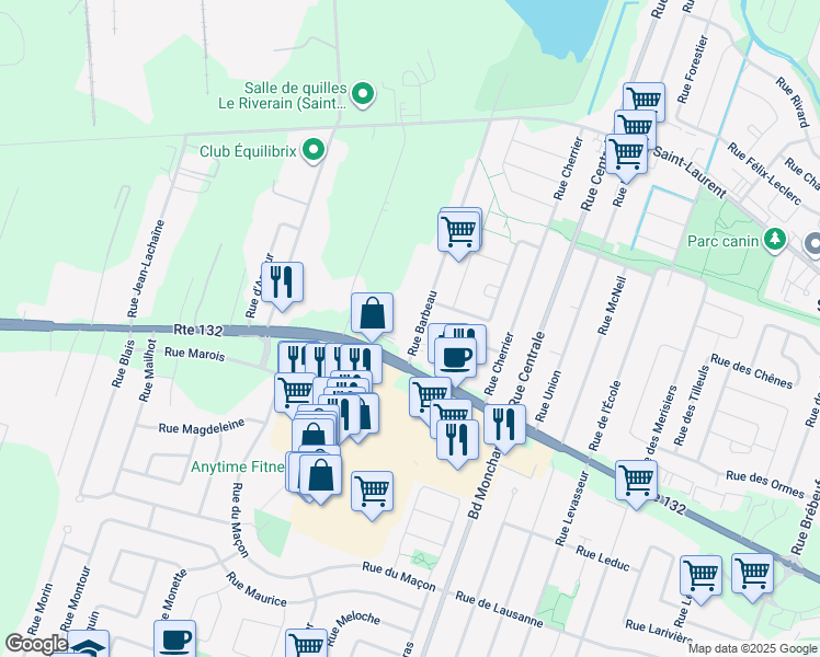 map of restaurants, bars, coffee shops, grocery stores, and more near 5900 Québec 132 in Sainte-Catherine