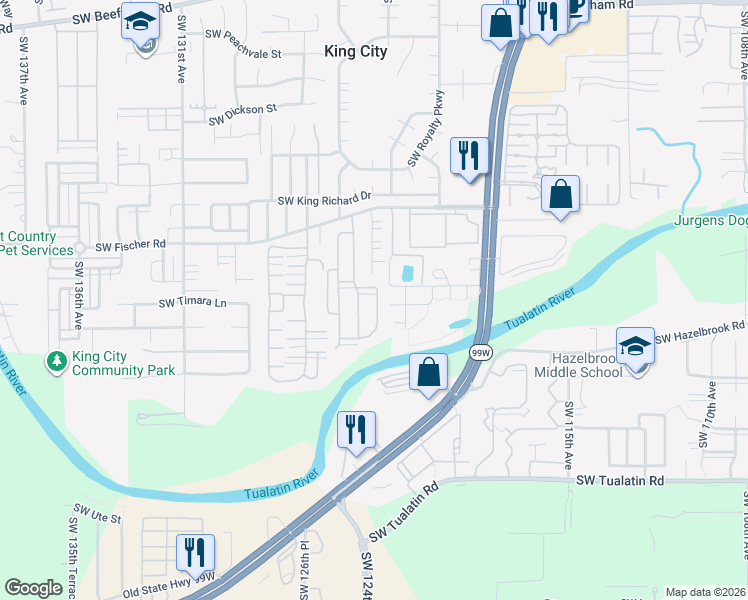 map of restaurants, bars, coffee shops, grocery stores, and more near 12252 Southwest Pond Lane in King City