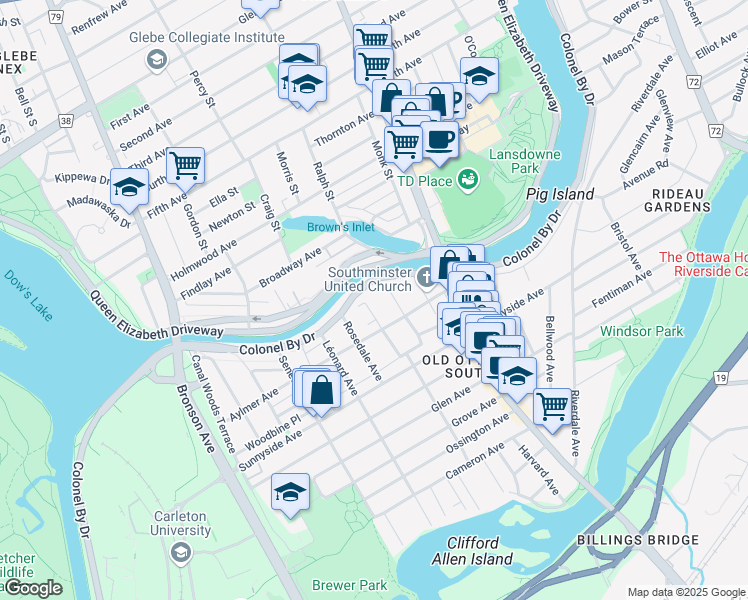 map of restaurants, bars, coffee shops, grocery stores, and more near in Ottawa