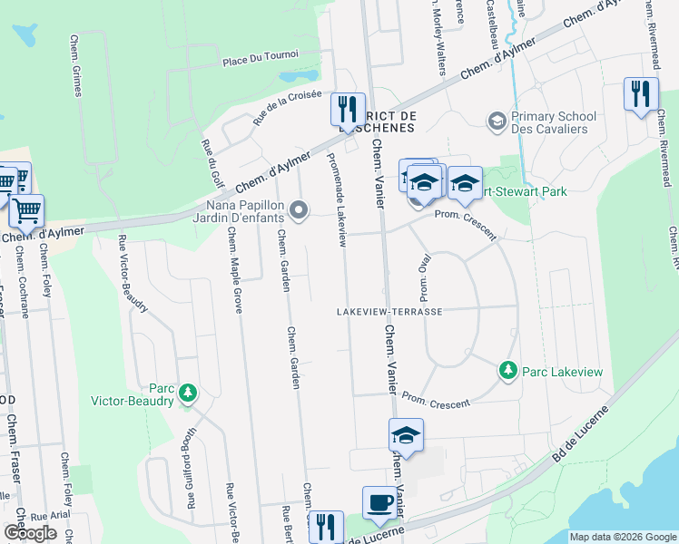 map of restaurants, bars, coffee shops, grocery stores, and more near 38 Promenade Lakeview in Gatineau