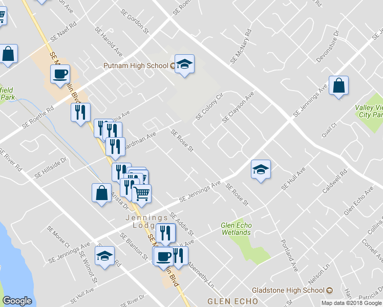 map of restaurants, bars, coffee shops, grocery stores, and more near 17625 Southeast Rose Street in Milwaukie