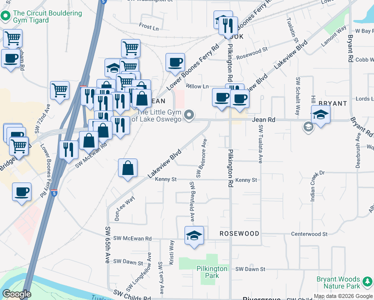 map of restaurants, bars, coffee shops, grocery stores, and more near 5856 Lakeview Court in Lake Oswego