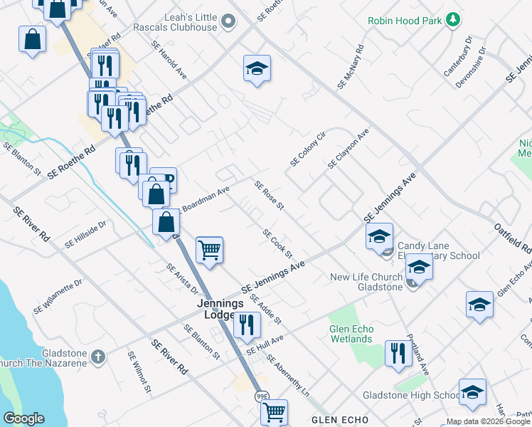 map of restaurants, bars, coffee shops, grocery stores, and more near 17720 Southeast Cook Street in Milwaukie