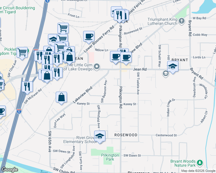 map of restaurants, bars, coffee shops, grocery stores, and more near 17903 Southwest Belmore Avenue in Lake Oswego