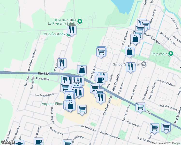 map of restaurants, bars, coffee shops, grocery stores, and more near 1680 Rue Barbeau in Sainte-Catherine