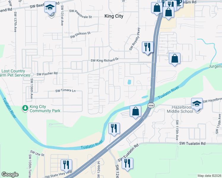 map of restaurants, bars, coffee shops, grocery stores, and more near 12450 Southwest Fischer Road in Tigard