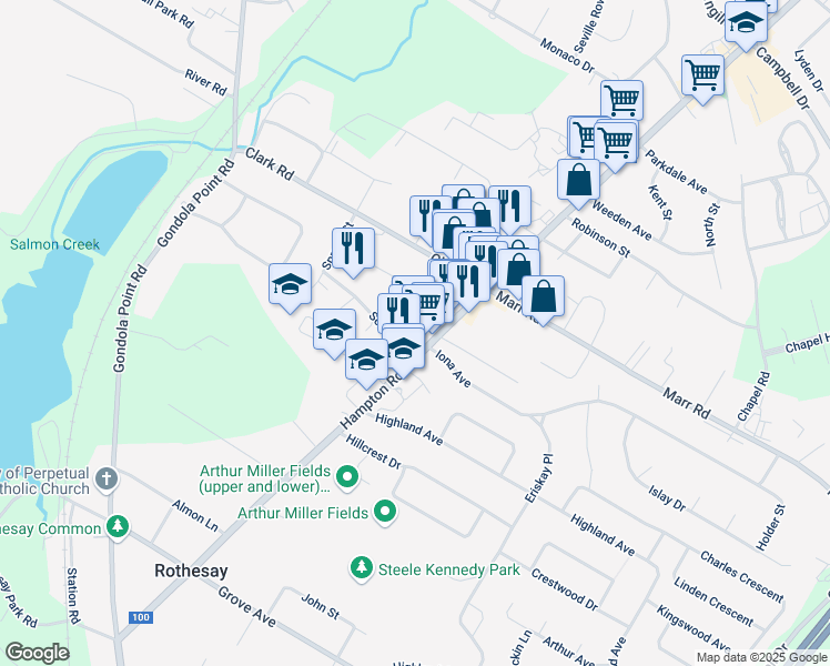 map of restaurants, bars, coffee shops, grocery stores, and more near 83 Hampton Road in Rothesay