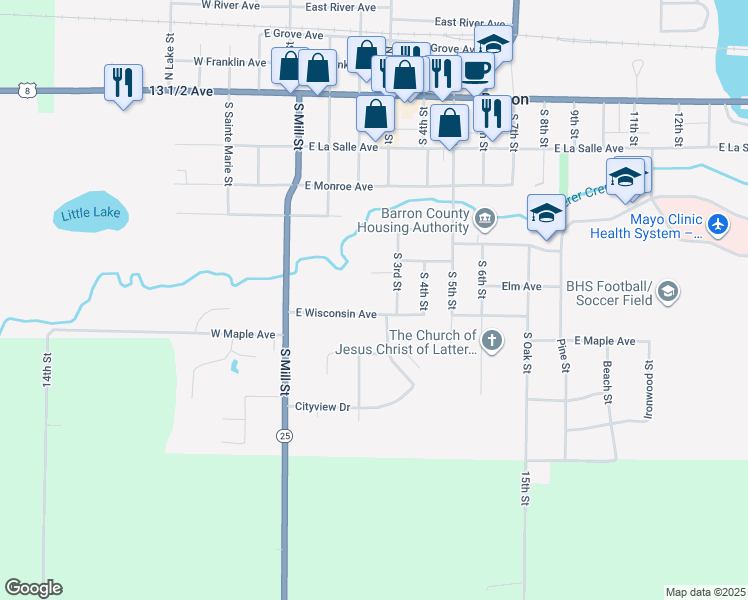 map of restaurants, bars, coffee shops, grocery stores, and more near 431 South 3rd Street in Barron