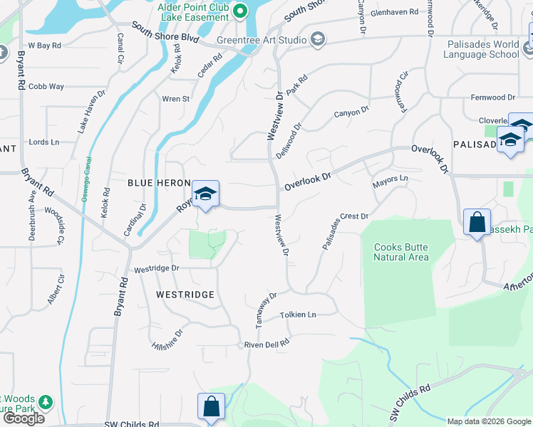 map of restaurants, bars, coffee shops, grocery stores, and more near 3040 Royce Way in Lake Oswego