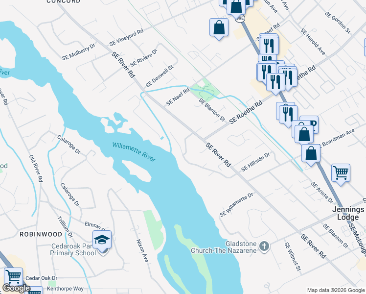map of restaurants, bars, coffee shops, grocery stores, and more near 17606 Southeast Roethe Place in Milwaukie