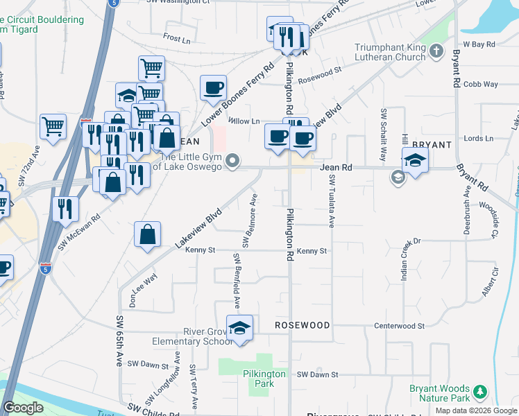 map of restaurants, bars, coffee shops, grocery stores, and more near 17903 Southwest Belmore Avenue in Lake Oswego