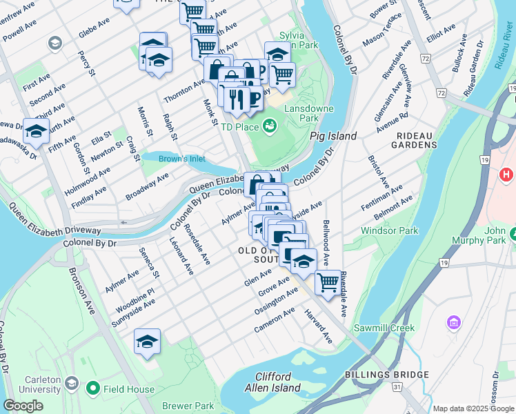 map of restaurants, bars, coffee shops, grocery stores, and more near 1049 Bank Street in Ottawa