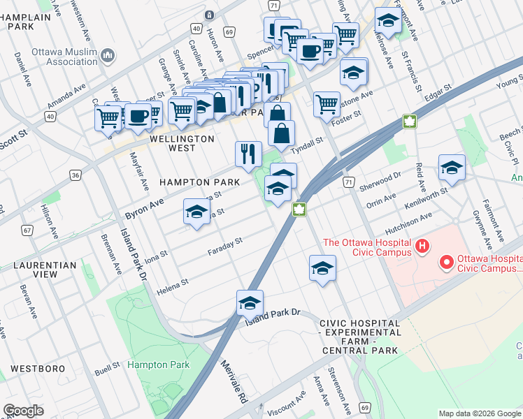map of restaurants, bars, coffee shops, grocery stores, and more near 76 Harmer Avenue North in Ottawa