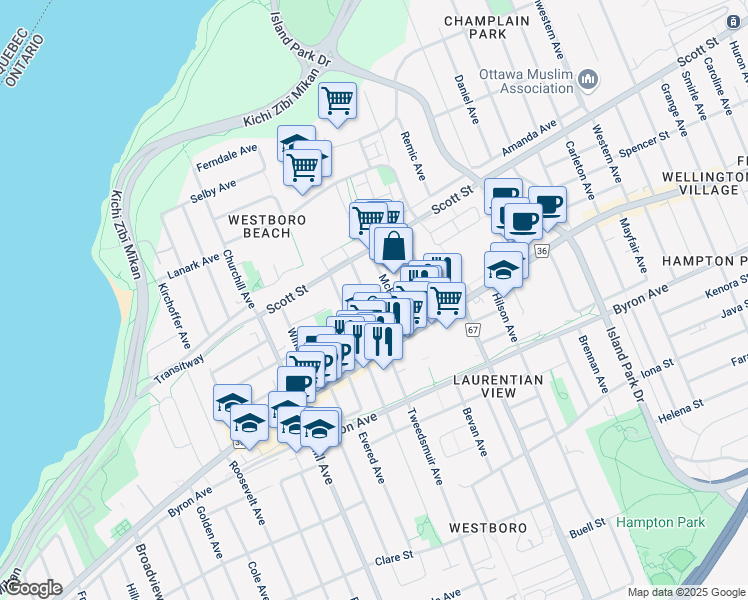 map of restaurants, bars, coffee shops, grocery stores, and more near 1960 Scott Street in Ottawa