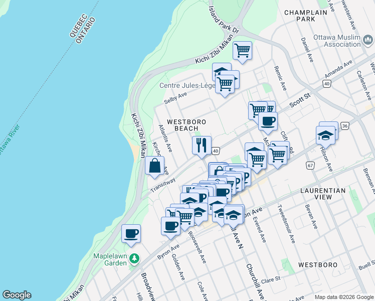 map of restaurants, bars, coffee shops, grocery stores, and more near 270 Royal Avenue in Ottawa