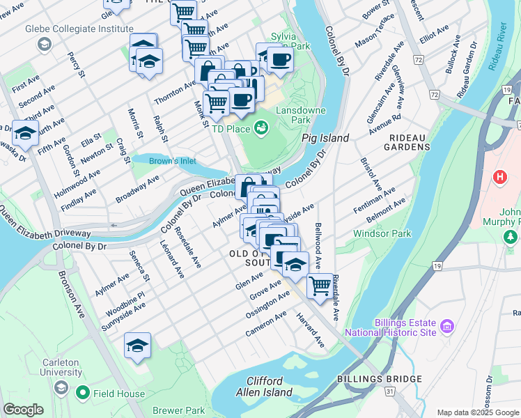 map of restaurants, bars, coffee shops, grocery stores, and more near 1063 Bank Street in Ottawa