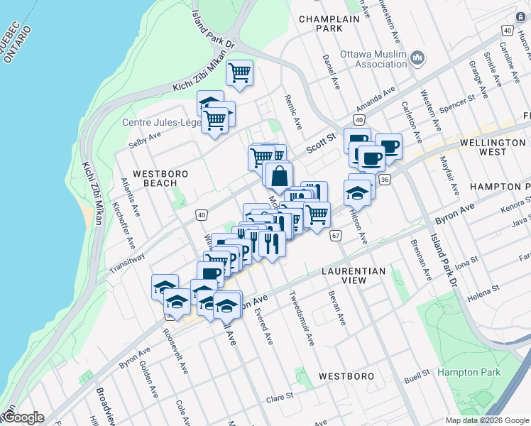 map of restaurants, bars, coffee shops, grocery stores, and more near 341 Tweedsmuir Avenue in Ottawa