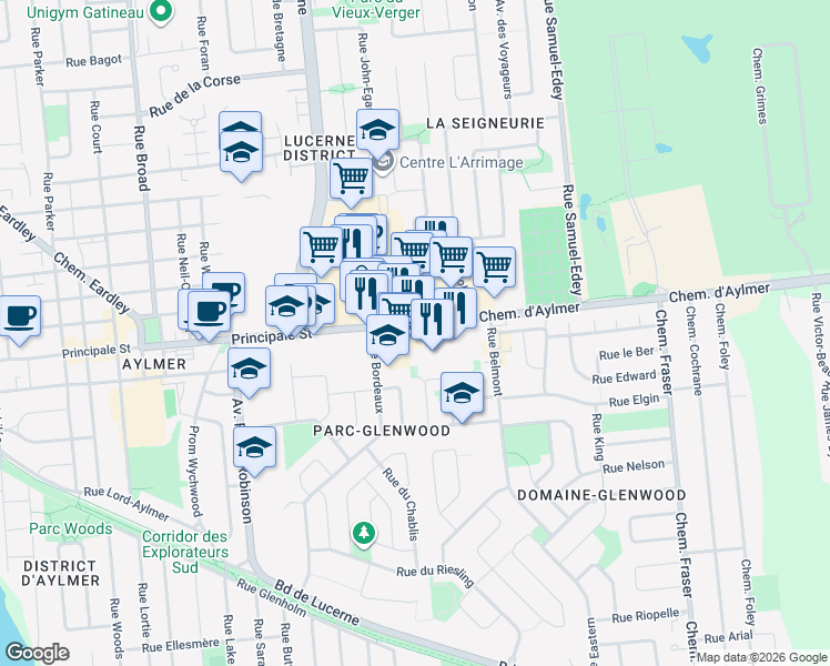 map of restaurants, bars, coffee shops, grocery stores, and more near 204 Chemin d'Aylmer in Gatineau