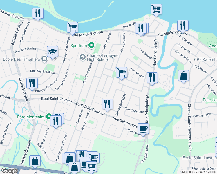 map of restaurants, bars, coffee shops, grocery stores, and more near 460 Rue de la Providence in Sainte-Catherine